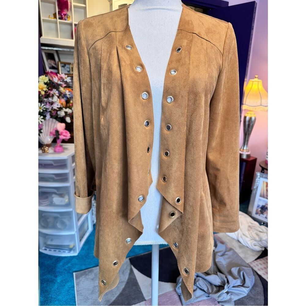 Chico's Tan Faux Suede Grommet Trim Open Drape Cardigan